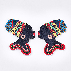 Colorful Left and Right Printed Wooden Big Pendants, Dyed, Girl, Colorful, 55x50x2.5mm, Hole: 1.8mm