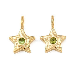 Yellow Green 304 Stainless Steel Micro Pave Cubic Zirconia Pendants, Hammered Star Charms, Real 14K Gold Plated, Yellow Green, 18.5x12.5x4mm, Hole: 4.2mm