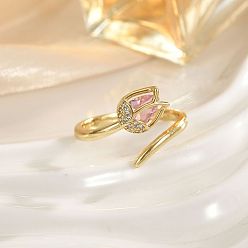 Pink Открытые кольца манжеты из латуни с микропаве и кубическим цирконием, Цветок тюльпана, золотые, розовые, 15~20 мм