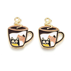 Kaffee Legierung Emailanhänger, Licht Gold, Tasse mit Katzenanhänger, Kaffee, 25x19x2 mm, Bohrung: 1.6 mm