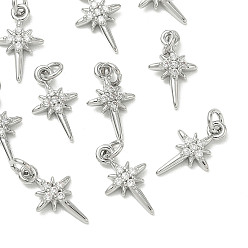 Real Platinum Plated SHEGRACE Brass Micro Pave Cubic Zirconia Pendants, Star Charms, Cadmium Free & Nickel Free & Lead Free, Clear, Real Platinum Plated, 14x8x2mm, Hole: 2.8mm
