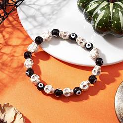 Белый Браслеты из синтетического бирюзового черепа и лэмпворка с круглыми бусинами для женщин и мужчин в стиле Хэллоуина, белые, внутренний диаметр: 2-3/8 дюйм (5.9 см)