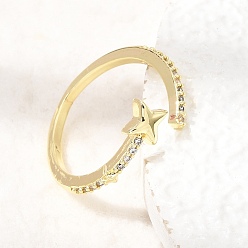 Real 18K Gold Plated Brass Micro Pave Clear Cubic Zirconia Cuff Open Rings for Women, Star, Rack Plating, Long-Lasting Plated, Cadmium Free & Lead Free, Real 18K Gold Plated, US Size 6(16.5mm)