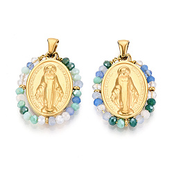 Темный Морско-зеленый 304 подвески из нержавеющей стали, овальные с рисунками " virgin mary", со стеклянными бусинами, ионное покрытие (ip), реальный 18 k позолоченный, граненые, темно-зеленый, 29x23x4 мм, отверстие : 5x3.5 мм
