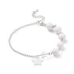 Quartz Crystal Natural Quartz Crystal Beaded Bracelet with 304 Stainless Steel Rolo Chains, Shell Star Charm Bracelet for Women, Silver, 7-3/8 inch(18.8cm)