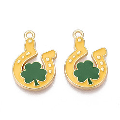 Золотистый Подвески из сплава с эмалью ко Дню Святого Патрика, амулеты в виде подковы и клевера, золотые, без кадмия, без никеля и без свинца, золотые, 24.5x15.5x2 мм, отверстие : 1.8 мм