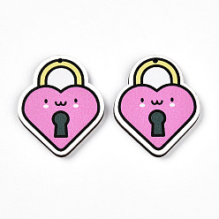 Lock Печатные подвески дерева, день Святого Валентина в стиле, запирать, 37.8x31x2.9 мм, отверстие : 1.6 мм