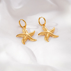 Starfish Ocean 304 Stainless Steel Hoop Dangle Earrings for Women, Real 18K Gold Plated, Starfish, 45x29mm