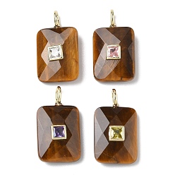 Тигровый глаз Природных тигровый глаз подвески, Подвески с прямоугольной огранкой и латунной микропаве из кубических цирконий разных цветов, золотые, 26.5x15x6.5~7 мм, отверстие : 2.5x3.5 мм