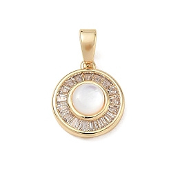 Golden Brass Pave Clear Cubic Zirconia Charms, with Shell, Flat Round Charms, Golden, 13x11x3.5mm, Hole: 3x5mm