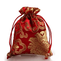 Red Rectangle Cloth Flower Printed Drawstring Gift Bags, Storage Bags, Red, 14x11cm