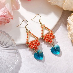 Темно-Оранжевый Серьги с подвесками из стеклянного бисера, узоры ткацкого станка, с 304 фурнитурой из нержавеющей стали, треугольник с сердцем, золотые, темно-оранжевый, 65x21 мм