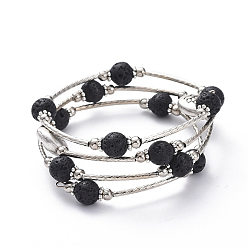 Lava Rock Three Loops Wrap Bracelets, with Natural Lava Rock Beads, Flat Round with Lotus Alloy Beads, Round Iron Spacer Beads, Brass Tube Beads and Burlap Bag, 2 inch(5.2cm)