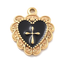 Черный 304 нержавеющей стальной эмали подвески, сердце с крестиком, ионное покрытие (ip), реальный 14 k позолоченный, чёрные, 15.5x13x2 мм, отверстие : 1.4 мм