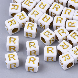 Letter R Покрытие акриловыми шариками, горизонтальное отверстие, золотой металл обвитыми, Алфавит стиле, кубические, буква r, 5.5~6x5.5~6x5.5~6 мм, отверстие : 3.5 мм, Около 3000 шт / 500 г