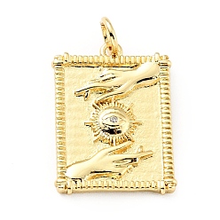 Golden Brass Micro Pave Cubic Zirconia Pendants, with Jump Ring, Rectangle with Sun & Hand, Golden, 20.5x15x2mm, Jump Ring:5x0.7mm, 3.6mm Inner Diameter