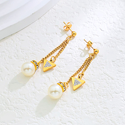 Золотой Серьги-гвоздики из нержавеющей стали с круглыми подвесками и треугольниками, с искусственным жемчугом и стразами, золотые, 50x10 мм