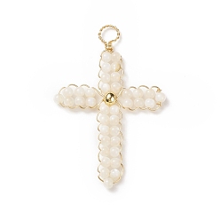 Floral White Natural Freshwater Shell Round Beads Woven Pendants, with Eco-Friendly Light Gold Tone Copper Wire Wrapped, Dyed, Cross Charm, Floral White, 35~36x22x3mm, Hole: 3mm