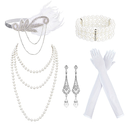 Платина Наборы реквизита для костюмов, включая длинное ожерелье из круглых бусин, имитирующих жемчуг из АБС-пластика., серьги сплава, перо повязки, браслет из натурального жемчуга на эластичной основе и длинная тканевая перчатка, платина, 545x94x1 мм