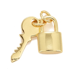 Настоящее золото 18K Стойки обшивки латунные подвески, с прыжковых колец, долговечный, без свинца и без кадмия, Замок и ключ, реальный 18 k позолоченный, 19 мм, Перейти кольцо: 4.6x0.8 мм, 3 мм внутренним диаметром, заблокировать: 12x7.5x3.5 мм, Ключ: 16x6.5x1 мм