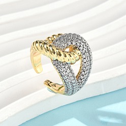 Настоящее золото 18K Латунные микро проложить кубического циркония кольца, двухцветное крестообразное кольцо, реальный 18 k позолоченный, 17 мм, регулируемый