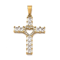 Clear Easter 304 Stainless Steel Micro Pave Clear Cubic Zirconia with Crystal Rhinestone Pendants, Cross Charms, with 201 Stainless Steel Bails, Ion Plating(IP), 26x19.5x3mm, Hole: 7x4mm