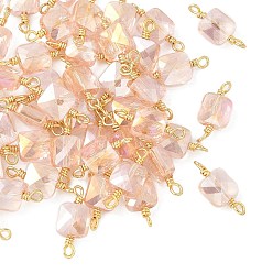 Pink Стеклянные граненые квадратные соединительные подвески, с петлями из латунной проволоки, реальный 18 k позолоченный, стойки покрытие, долговечный, розовые, 14x6x4.5 мм, отверстие : 1.2~1.4 мм