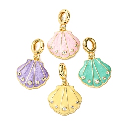 (52) Непрозрачная лаванда Латунные эмалированные европейские подвески с подвесками, подвески в форме ракушки с большим отверстием и прозрачными кубическими цирконами, долговечный, стойки покрытие, без кадмия и без свинца, реальный 18 k позолоченный, разноцветные, 30 мм, отверстие : 5.5 мм