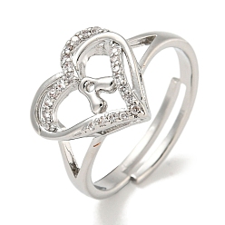 Letter A Регулируемые кольца из латуни с микро-паве в форме сердца и стойки для писем для женщин с прозрачным фианитом, без свинца и без кадмия, платина, буква a, внутренний диаметр: 16 мм