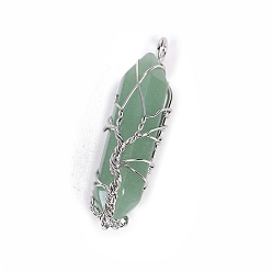 Green Aventurine Natural Green Aventurine Big Pendants, Platinum Tone Copper Wire Wrapped Bullet, Double Terminated Point Charms, 50x10x10mm
