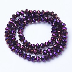 Purple Plated Electroplate Transparent Glass Beads Strands, Full Plated, Faceted, Rondelle, Purple Plated, 6x5mm, Hole: 1mm, about 85~88pcs/strand, 16.1~16.5 inch(41~42cm)