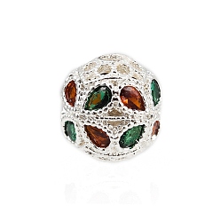 Серебро Полая стойка покрытие латунь цветные кубические циркониевые бусины, долговечный, круглые, серебряные, 9.5 мм, отверстие : 1.8 мм