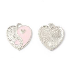 Розовый Подвески из эмали и сплава, сердце с шармом инь янь, платина, туманная роза, 17x15x1.6 мм, отверстие : 1.8 мм