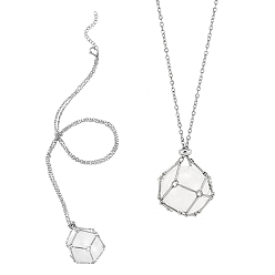 Хрусталь 2шт. латунный мешочек в технике макраме с натуральным кварцевым кристаллом, круглый внутренний кулон с подвеской, 304 из нержавеющей стали Кабельные зажимы ожерелья, цвет нержавеющей стали, 14.17 дюйм (36 см)