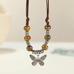(932FM) Темно-синий аква-матовый с подкладкой Длинные ожерелья с подвеской в виде бабочки из сплава и фарфора в этническом стиле для женщин, античное серебро, темно-золотистые, 15.75~31.50 дюйм (40~80 см)