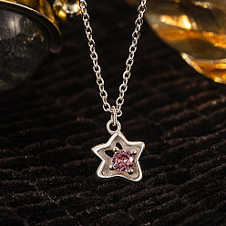 Platino Collares con colgantes de latón engastados con circonitas cúbicas rosas, estrella, Platino, 15.75 pulgada (40 cm)