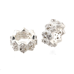 Серебро Волна плоские круглые латунные микро-паве кубические циркониевые европейские бусины, стойки покрытие, долговечный, без свинца и без кадмия, серебряные, 9.5x5 мм, отверстие : 5.5 мм