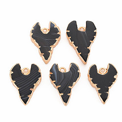 Black Natural Agate Pendants, with Light Gold Plated Iron Findings, Dyed & Heated, Heart, Black, 27.5~31x20~21x5~6.5mm, Hole: 2mm