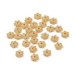 Real 18K Gold Plated Brass Bead Caps, with Rhinestones, 6-Petal, Flower, Real 18K Gold Plated, 5.4x1.8mm, Hole: 1.3mm