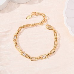 Белый Браслеты-цепочки из овальной латуни с микропаве из кубического циркония, украшенные скрепками, для женщин., реальный 18 k позолоченный, без кадмия и без свинца, стойки покрытие, долговечный, белые, 6.69 дюйм (17 см)