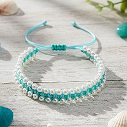 Голубой Браслеты из круглых бусин с имитацией жемчуга, регулируемые плетеные браслеты из нейлоновой нити для женщин, голубой, 11.02 дюйм (28 см)