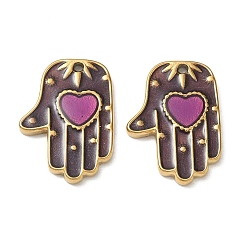 Purple 304 Stainless Steel with Enamel Pendants, Palm with Heart Charms, Ion Plating(IP), Real 18K Gold Plated, Purple, 20x14.5x2mm, Hole: 0.8mm