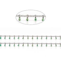 Green Brass Handmade Beaded Chain, Curb Chains, with Enamel, Long-Lasting Plated, Unwelded, with Spool, Green, 2x1.5x0.8mm, Charm: 6x2x2mm, about 32.8 Feet(10m)/roll