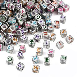 Серебро Непрозрачные акриловые бусины, куб с письмом, серебряные, 5.5x6.5x5.5 мм, отверстие : 3.5 мм, Около 3000 шт / 500 г