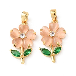 Фора Латунные микро проложить кубического циркония подвески, цветок, с кошачий глаз, долговечный, стойки покрытие, без свинца и без кадмия, реальный 18 k позолоченный, оранжевые, 22x12.5x3.5 мм, отверстие : 5x3.5 мм