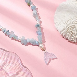 Аквамарин Ожерелья с бусинами из натурального аквамарина и имитации круглого жемчуга, регулируемые, летние сверкающие стеклянные ожерелья с подвеской в виде рыбьего хвоста для женщин, 16.14~24.80 дюйм (41~63 см)