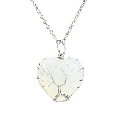 Opalite Opalite Heart Pendant Necklaces, Platinum Copper Wire Wrap Necklace, 20.47 inch(52cm)
