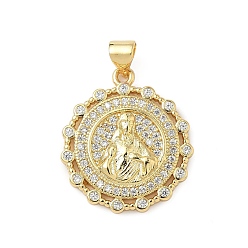 Настоящее золото 16K Латунные микро проложить кубического циркония подвески, без кадмия и без свинца, плоские круглые с Девой Марией, реальный 16 k позолоченный, 23.5x21x3 мм, отверстие : 5x3 мм