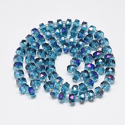 Royal Blue Electroplate Glass Beads Strands, Rainbow Plated, Faceted, Flat Round, Royal Blue, 5~6x4mm, Hole: 0.5mm, about 100pcs/strand, 23.62 inch