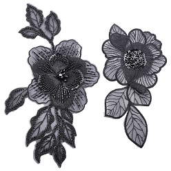 Black 2Pcs 2 Styles Polyester Iron Embroidery Lace Collar, Garment Sewing Accessories, Flower, Black, 230~365x120~205x1~3mm, 1pc/style